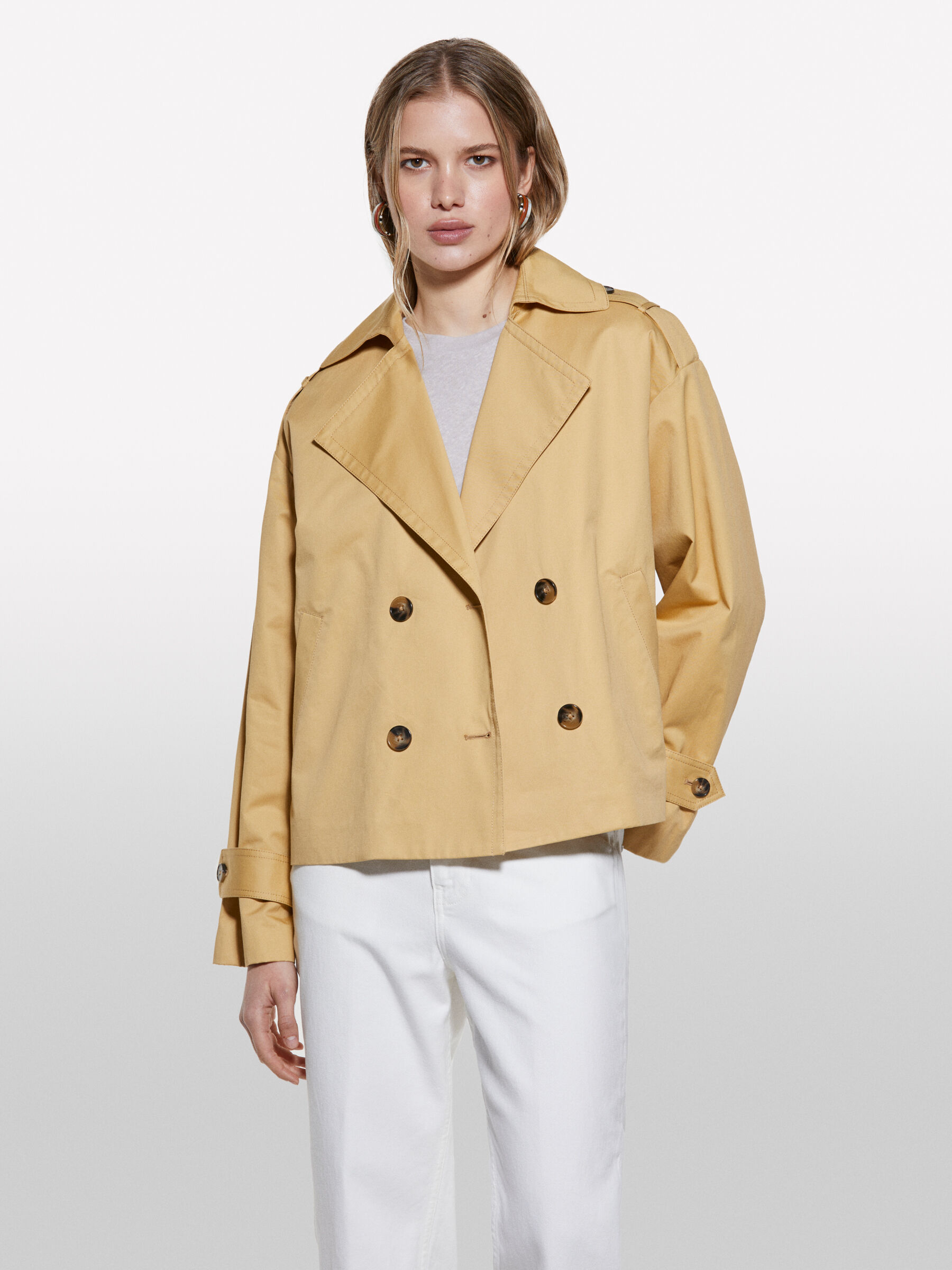 Sisley Trenchcoat Damen Kurzer Senffarbener Trenchcoat