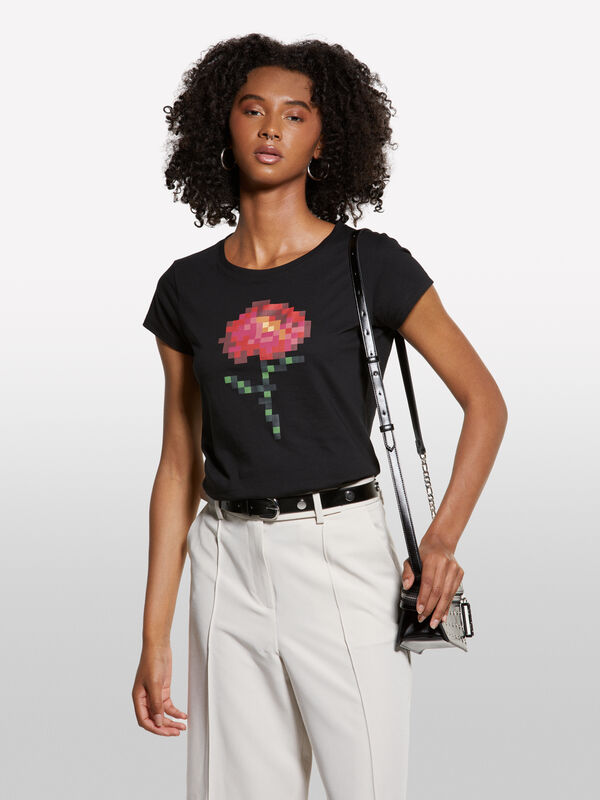 Schwarzes T-Shirt mit Blumendruck - kurzärmeliges t-shirt für damen | Sisley