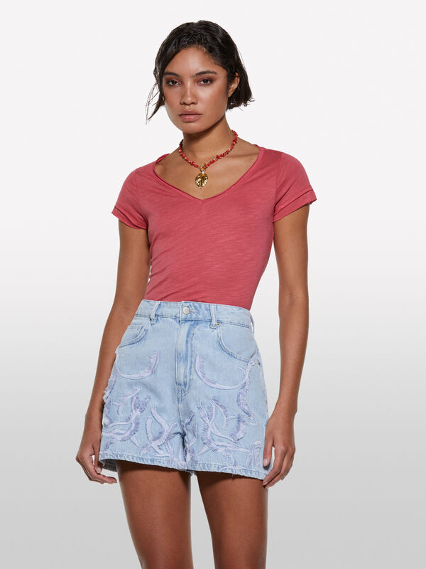 Errötendes T-Shirt mit V-Ausschnitt - kurzärmeliges t-shirt für damen | Sisley