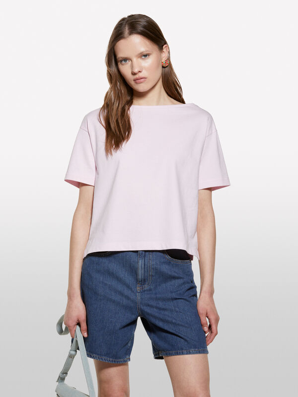 Rosafarbenes, kurz geschnittenes, kastig geschnittenes T-Shirt - kurzärmeliges t-shirt für damen | Sisley