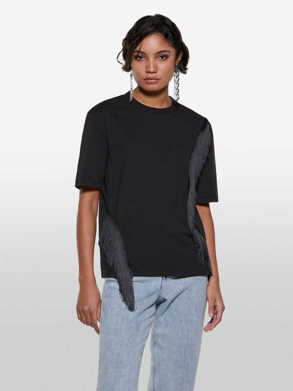Schwarzes T-Shirt mit Fransen - kurzärmeliges t-shirt für damen | Sisley