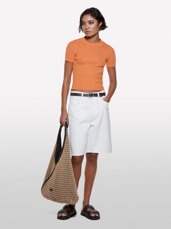 Orangefarbenes Hemd mit Bullauge auf dem Rücken - kurzärmeliges t-shirt für damen | Sisley