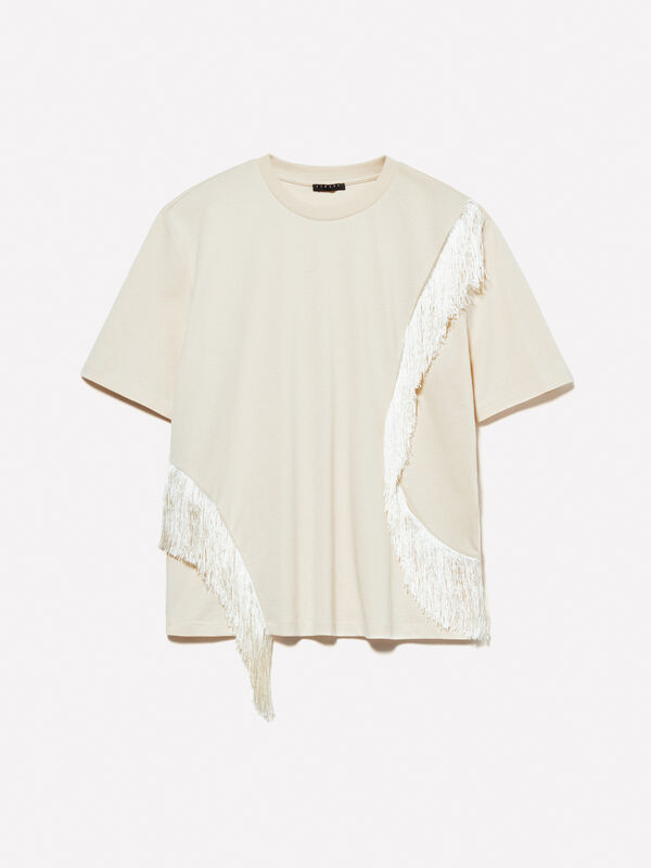 Sandfarbenes T-Shirt mit Fransen Sandfarbenes T-Shirt mit Fransen - kurzärmeliges t-shirt für damen | Sisley