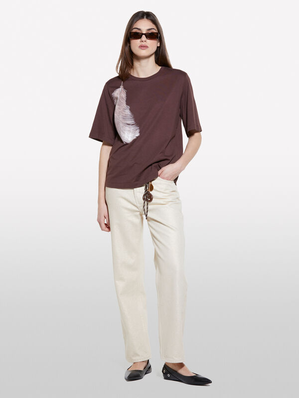 Braunes T-Shirt mit Federdruck - kurzärmeliges t-shirt für damen | Sisley