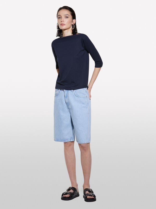 Schwarzes T-Shirt mit U-Boot-Ausschnitt - langärmeliges t-shirt für damen | Sisley
