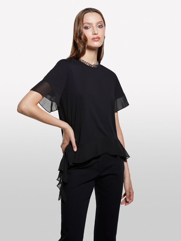 Schwarzes T-Shirt mit Rüschen - kurzärmeliges t-shirt für damen | Sisley