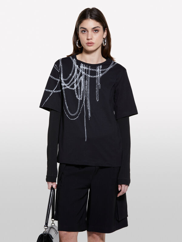 Schwarzes T-Shirt mit Druck - kurzärmeliges t-shirt für damen | Sisley