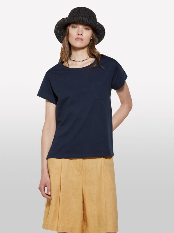 Dunkelblaues T-Shirt mit Tasche - kurzärmeliges t-shirt für damen | Sisley