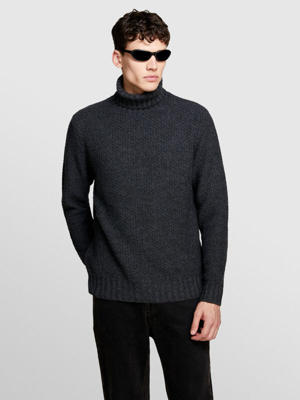 Dunkelgrauer Pullover, texturiert mit hohem Kragen - pullover hoher kragen f&uuml;r herren | Sisley