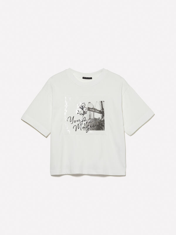 Weißes T-Shirt mit Print und Pailletten - kurzärmeliges t-shirt für mädchen | Sisley Young