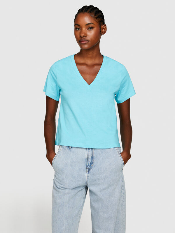 T-Shirt mit V-Ausschnitt aus 100% Baumwolle - kurzärmeliges t-shirt für damen | Sisley