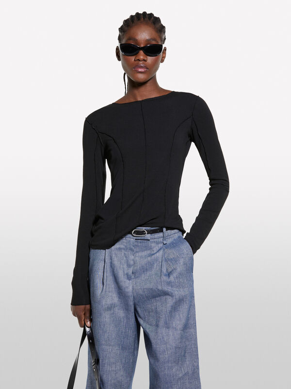 Schwarzes T-Shirt mit Nähten - langärmeliges t-shirt für damen | Sisley
