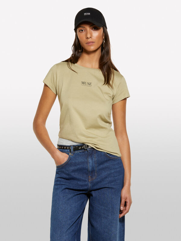Militärgrünes T-Shirt mit Druck - kurzärmeliges t-shirt für damen | Sisley