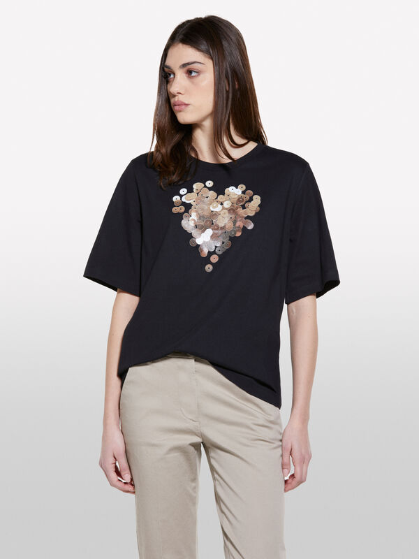 Schwarzes T-Shirt mit Herzdruck - kurzärmeliges t-shirt für damen | Sisley