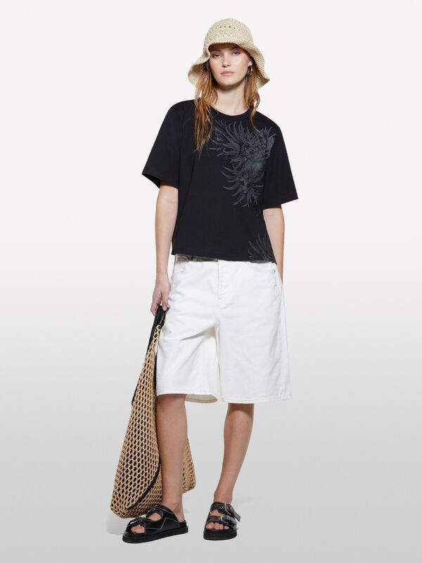Schwarzes T-Shirt mit Meerespflanzen-Print - kurzärmeliges t-shirt für damen | Sisley