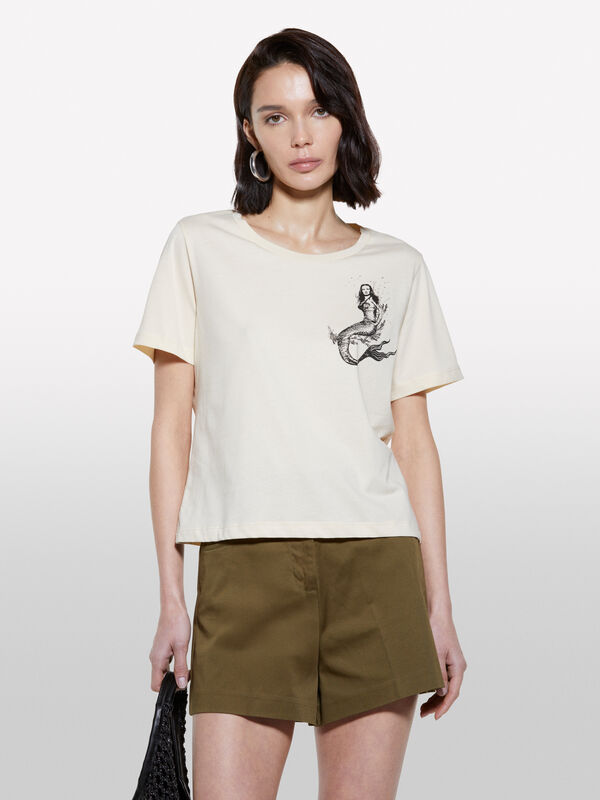 Sandfarbenes T-Shirt mit Meerjungfrauen-Print - kurzärmeliges t-shirt für damen | Sisley