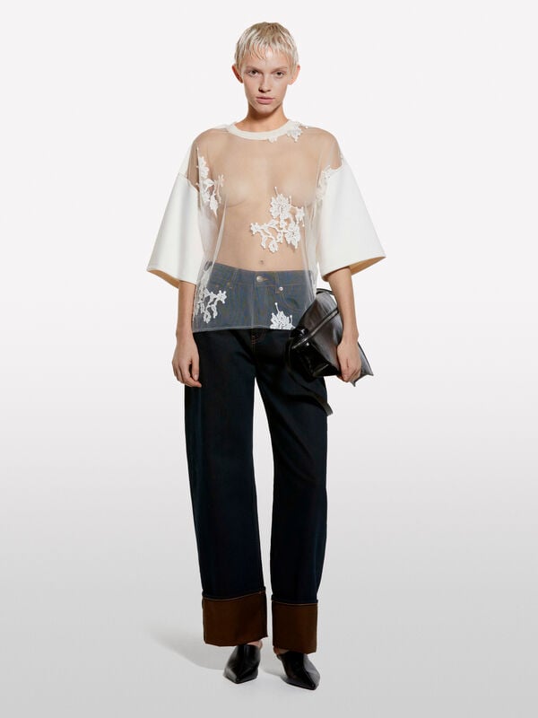 Cremeweißes Spitzen-T-Shirt Cremeweißes Spitzen-T-Shirt - kurzärmeliges t-shirt für damen | Sisley