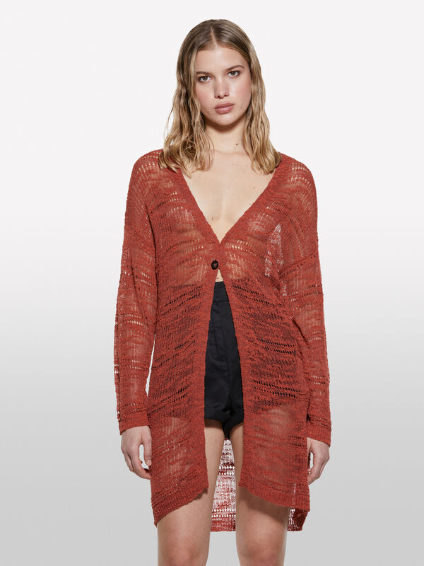 Lange orangefarbene Strickjacke - cardigans für damen | Sisley