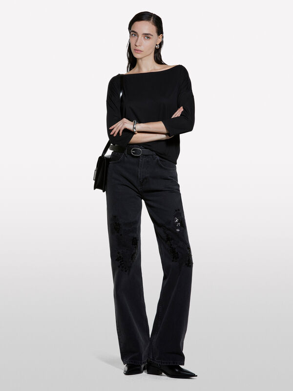 Schwarzes T-Shirt mit U-Boot-Ausschnitt - langärmeliges t-shirt für damen | Sisley