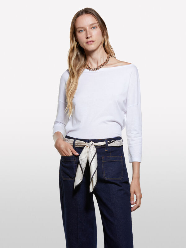 Wei&szlig;es T-Shirt mit U-Boot-Ausschnitt - lang&auml;rmeliges t-shirt f&uuml;r damen | Sisley