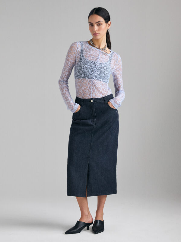 Spitzen-T-Shirt mit Raffungen - lang&auml;rmeliges t-shirt f&uuml;r damen | Sisley