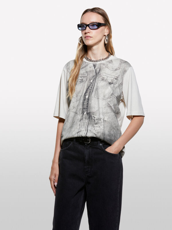 Taubengraues T-Shirt mit Denim-Effekt-Print - kurzärmeliges t-shirt für damen | Sisley