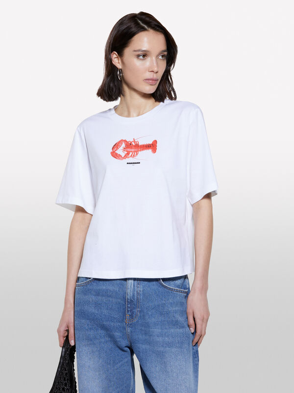 Weißes T-Shirt mit Hummer-Print - kurzärmeliges t-shirt für damen | Sisley