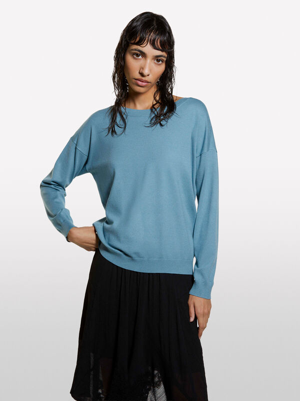 Staubblauer Pullover mit U-Boot-Ausschnitt - pullover u-bootausschnitt für damen | Sisley