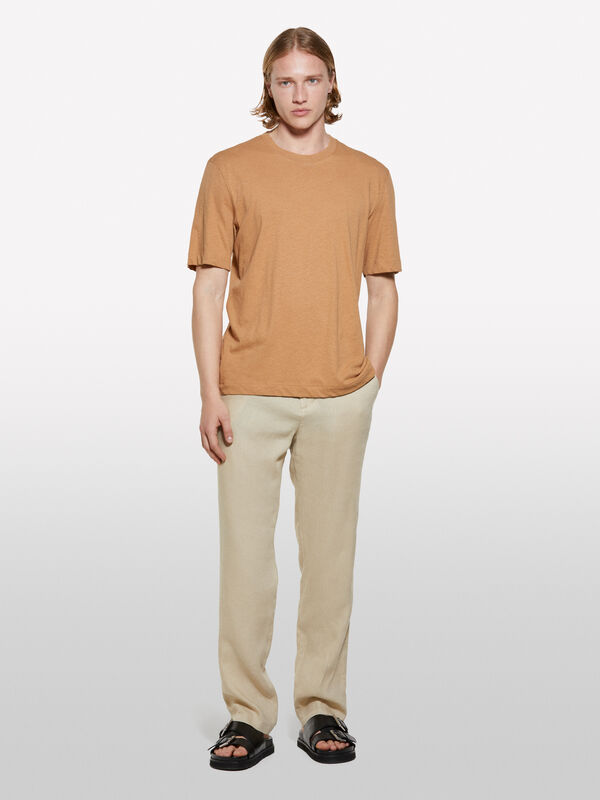 T-Shirt aus kamelfarbenem Leinengemisch - kurzärmeliges t-shirt für herren | Sisley