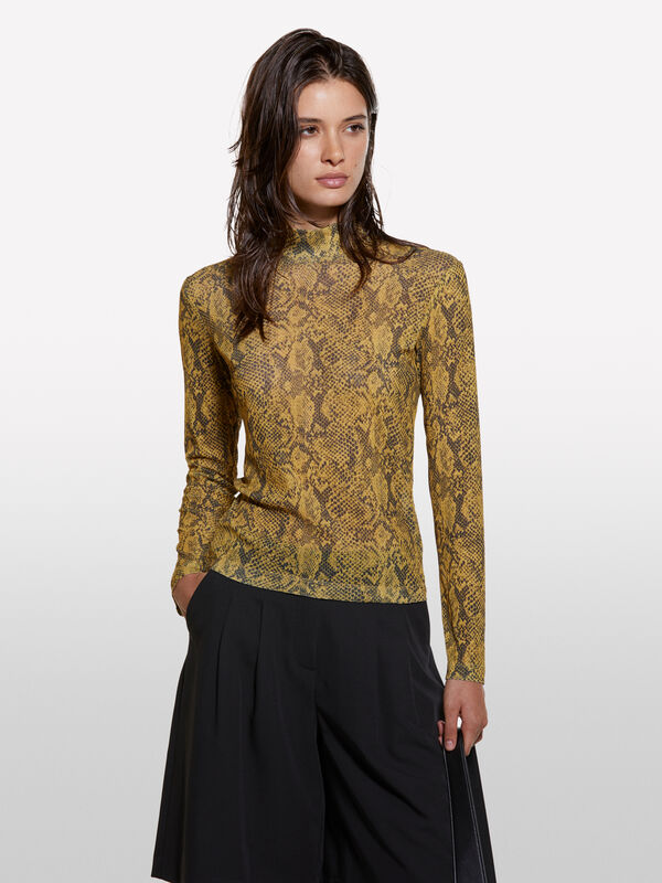 Bedrucktes T-Shirt in Senfgelb mit hohem Kragen - lang&auml;rmeliges t-shirt f&uuml;r damen | Sisley