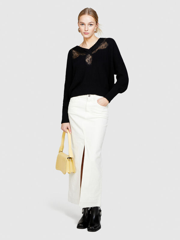 Pullover mit Spitze - pullover v-ausschnitt für damen | Sisley
