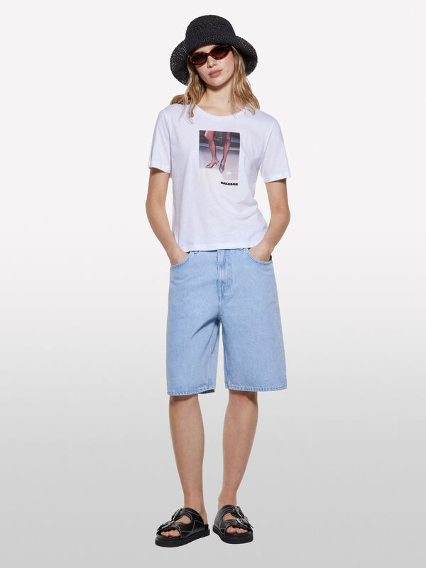 Weißes T-Shirt mit Fotodruck - kurzärmeliges t-shirt für damen | Sisley