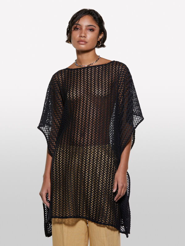 Schwarzer Häkelkaftan - kurze kleider für damen | Sisley