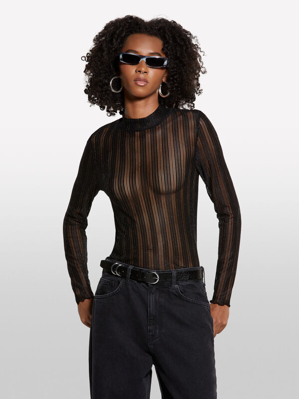Schwarzes transparentes T-Shirt - langärmeliges t-shirt für damen | Sisley