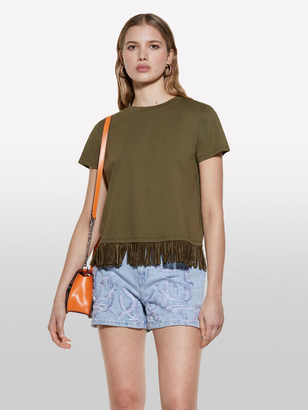 Militärgrünes T-Shirt mit Fransen am Saum - kurzärmeliges t-shirt für damen | Sisley