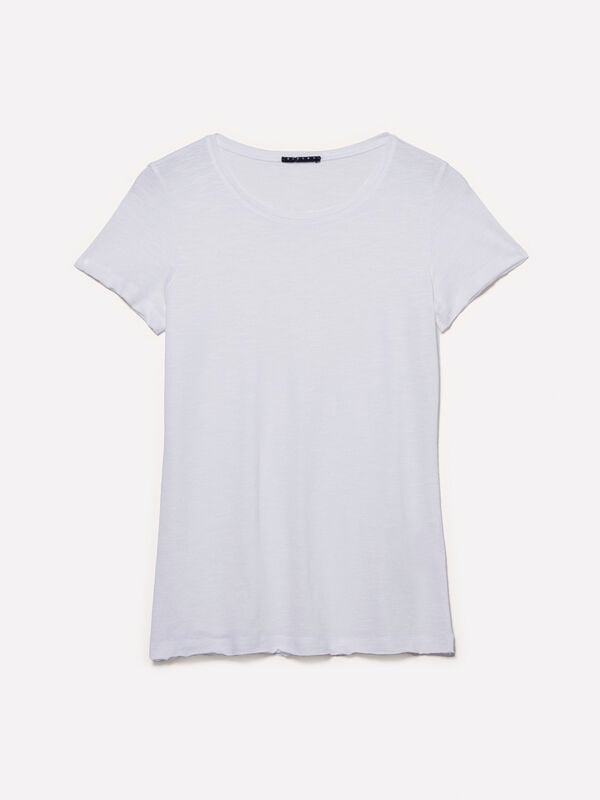 Weißes T-Shirt mit Rundhalsausschnitt Weißes T-Shirt mit Rundhalsausschnitt - kurzärmeliges t-shirt für damen | Sisley
