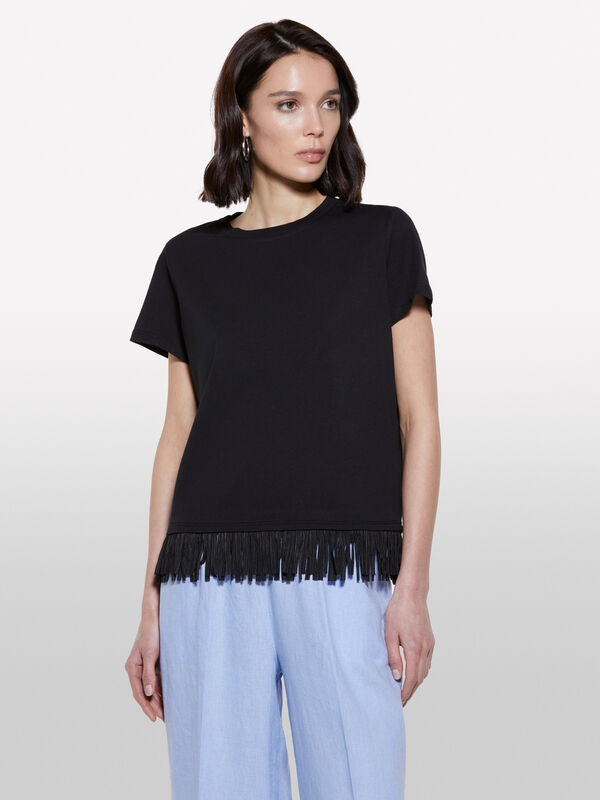 Schwarzes T-Shirt mit Fransen am Saum - kurzärmeliges t-shirt für damen | Sisley