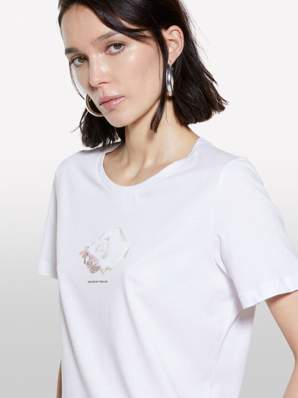 Weißes T-Shirt mit Muschelaufdruck - kurzärmeliges t-shirt für damen | Sisley