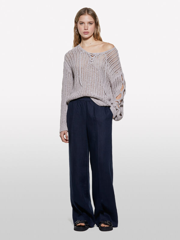 Dunkelblaue Flare-Fit-Hose aus 100% Leinen - palazzo hosen für damen | Sisley