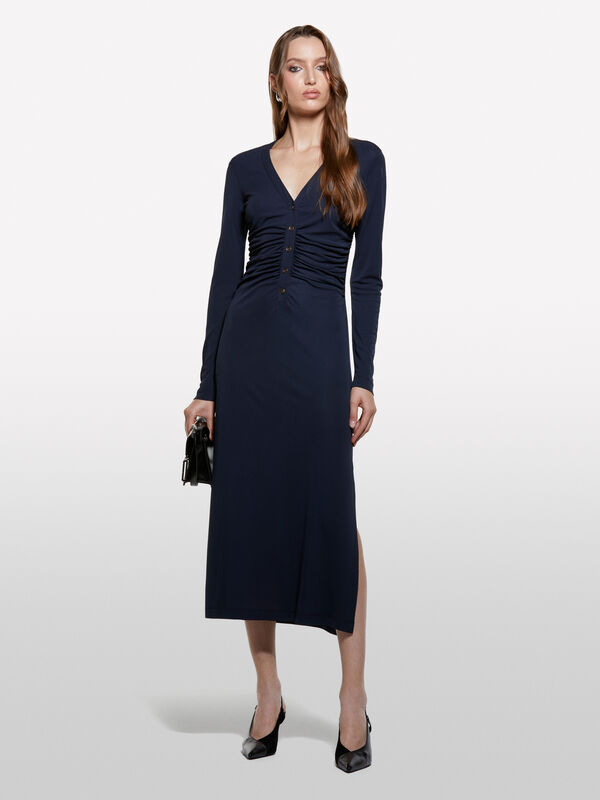 Dunkelblaues Kleid mit Schlitz - lange kleider für damen | Sisley