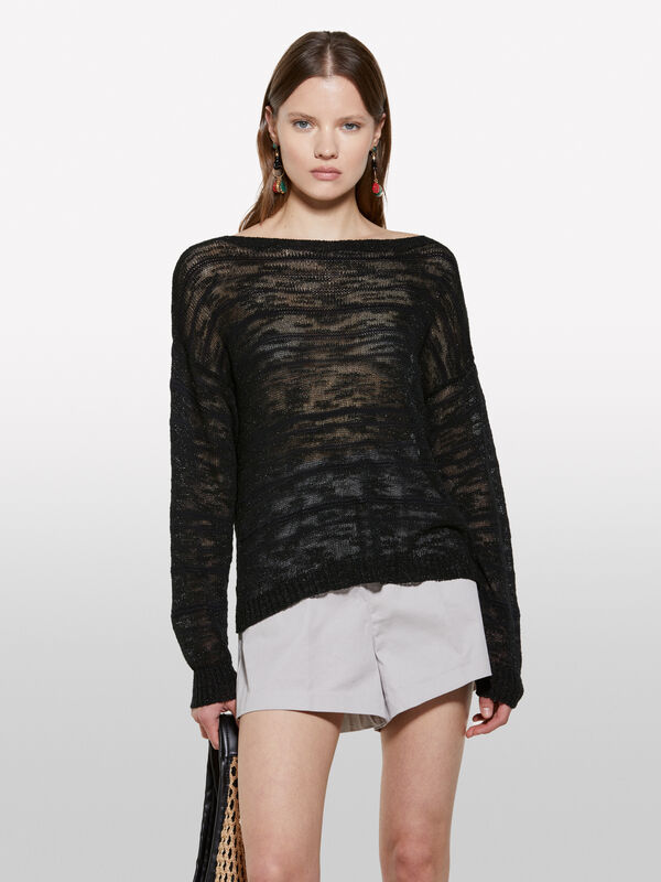 Schwarz gestreifter Pullover mit Lurex - pullover u-bootausschnitt für damen | Sisley