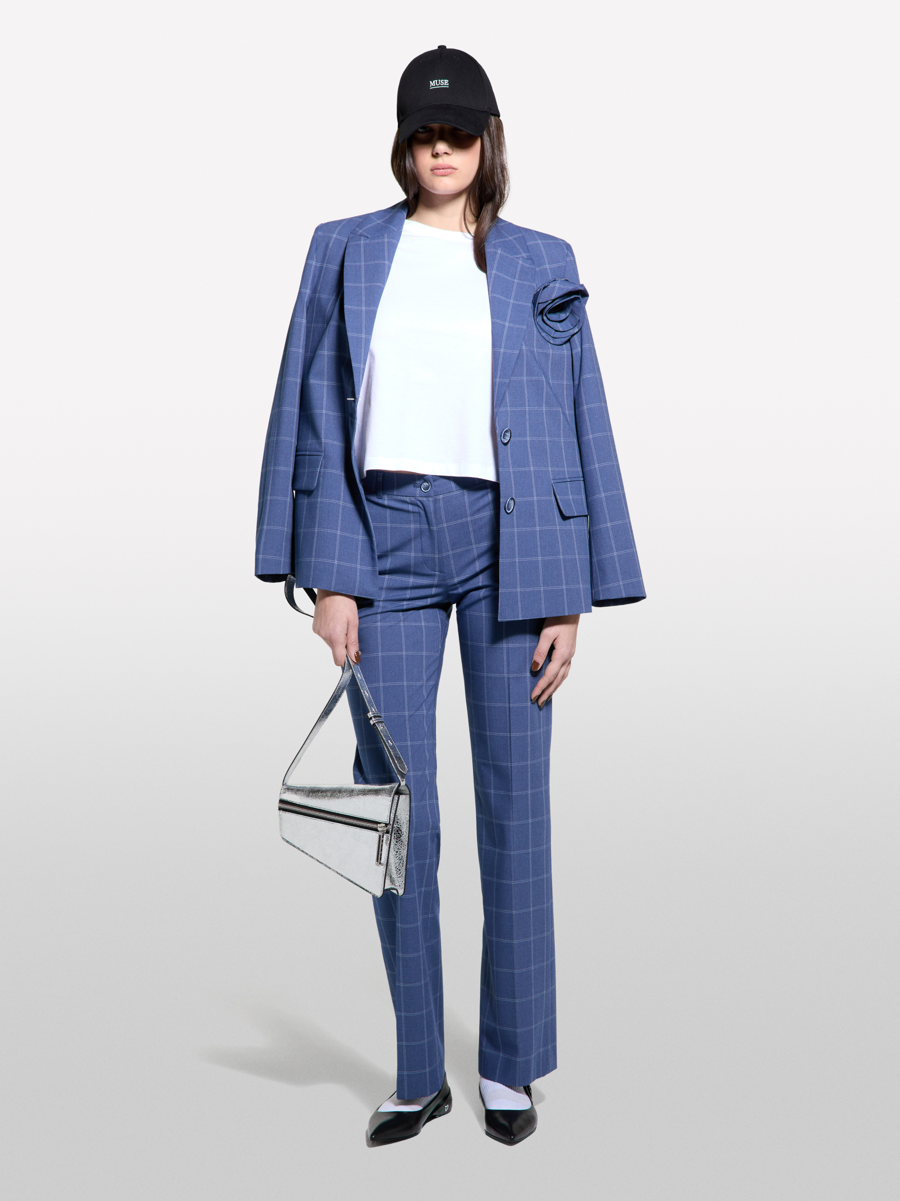 Sisley - Karierter Blazer Mit Brosche, Frau, Blau, Größe: 42